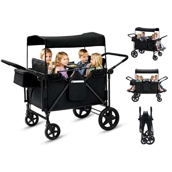 Wanan Foldable Push-Pull Rod Wagon 2 Seater Stroller with Adjustable Canopy, Black