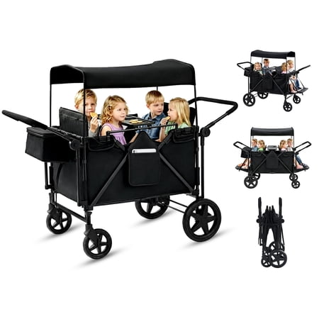 Wanan Foldable Push-Pull Rod Wagon 2 Seater Stroller with Adjustable Canopy, Black