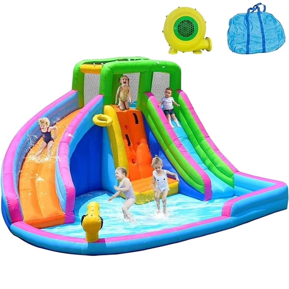 Cuoote Inflatable Water Slide, 8 in 1 Water Slides Inflatables for Kids and Adults, 2 Large Water Slide with Air Blower, Splash and Deep Pool, Climbing Wall, Bounce House, Basketball Hoop