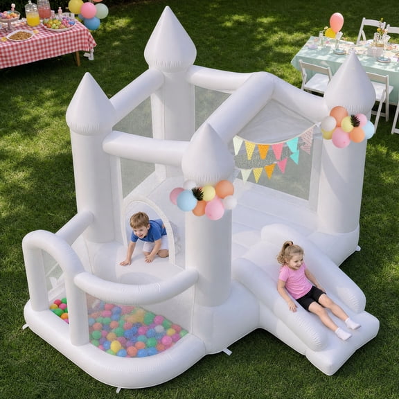 Cuoote Inflatable Bounce House for Kids, White Castle Jumping Bouncer with Blower