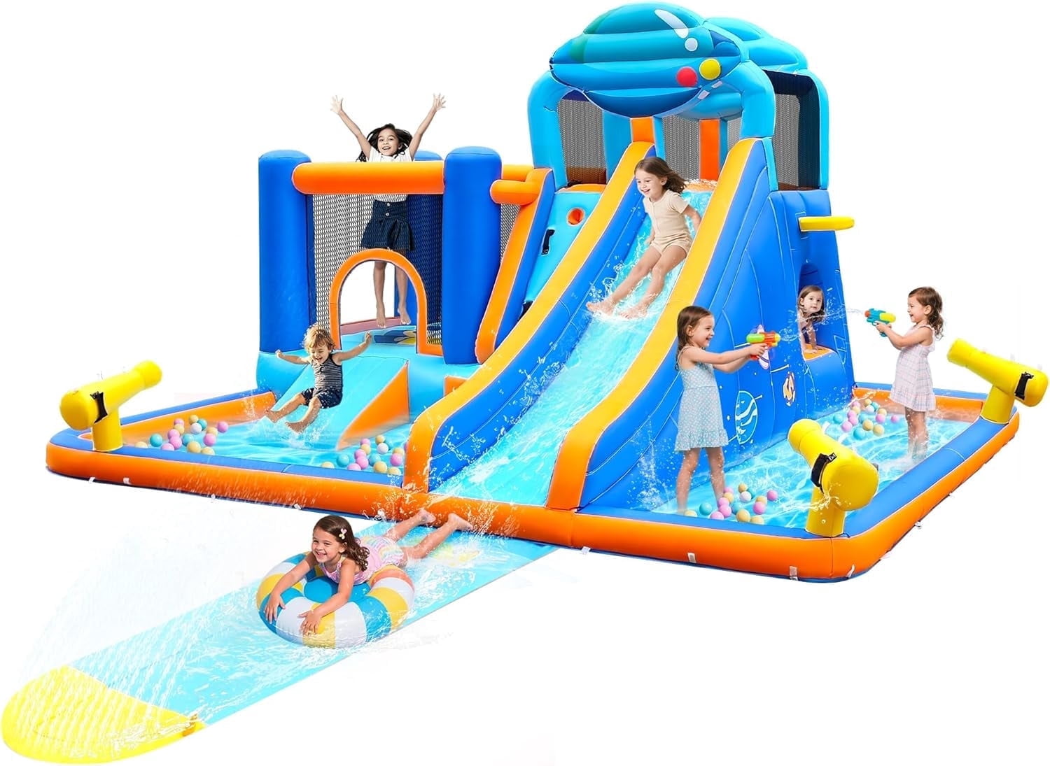 Cuoote Inflatable Water Slide for Kids, 2 Min Blow Up 10 in 1 Giant Water Park for Backyard Outdoor with Large Slide, Pool, Tunnel, Bounce House, Basketball Hoop, Climbing Wall, Air Blower
