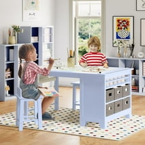 Wanan Kids Art Table with 2 Chairs, Wooden Kids Craft Table, Kids Activity Desk with Storage Shelves, Canvas Bins, Paper Roll, Kids Playroom Drawing Table and Chair Set for Painting, Blue