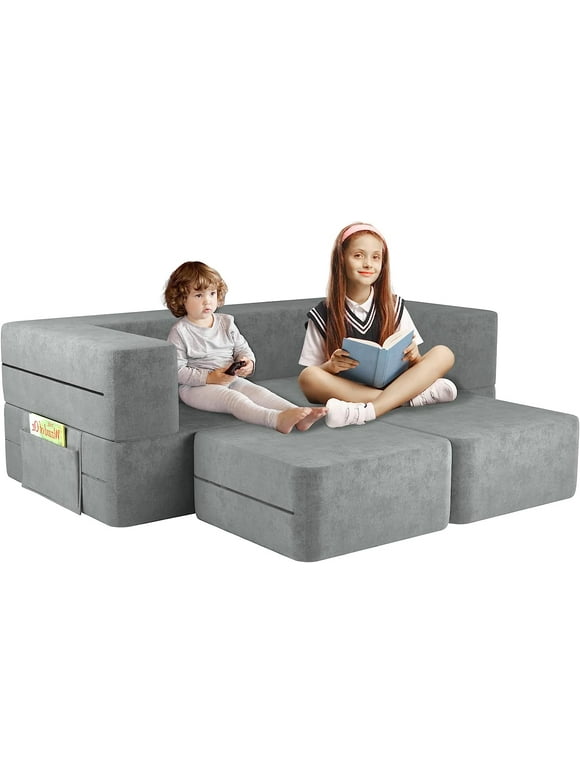Wanan Kids Couch with Two Ottoman, Toddler Couch Sofa for Kids, Modular Kids Sofa Couch with Washable Covers, Play Couch Foldable Loveseat, Kids Fold Out Couch Lounger (Gray)