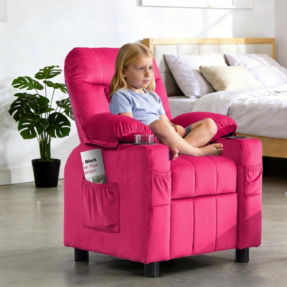 Wanan Kids Recliner Chair, Adjustable Velvet Lounge with Cup Holder, Footrest and Side Pockets, Pink