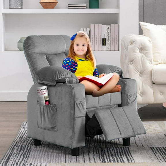 Wanan Kids Recliner Chair, Modern Velvet Lounge with Cup Holder, Footrest, Side Pockets, Gray
