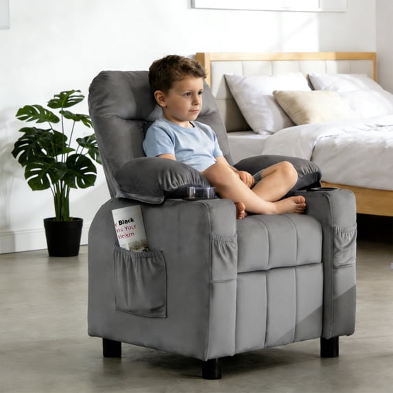 Linor Kids Recliner Chair, Modern Velvet Lounge with Cup Holder, Footrest, Side Pockets, Gray