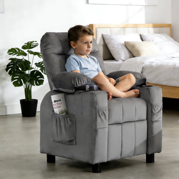 Linor Kids Recliner Chair, Modern Velvet Lounge with Cup Holder, Footrest, Side Pockets, Gray