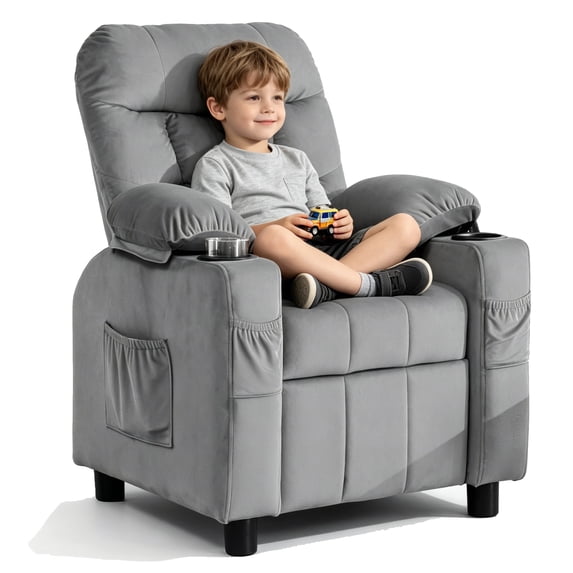 Linor Kids Recliner Chair, Modern Velvet Lounge with Cup Holder, Footrest, Side Pockets, Gray
