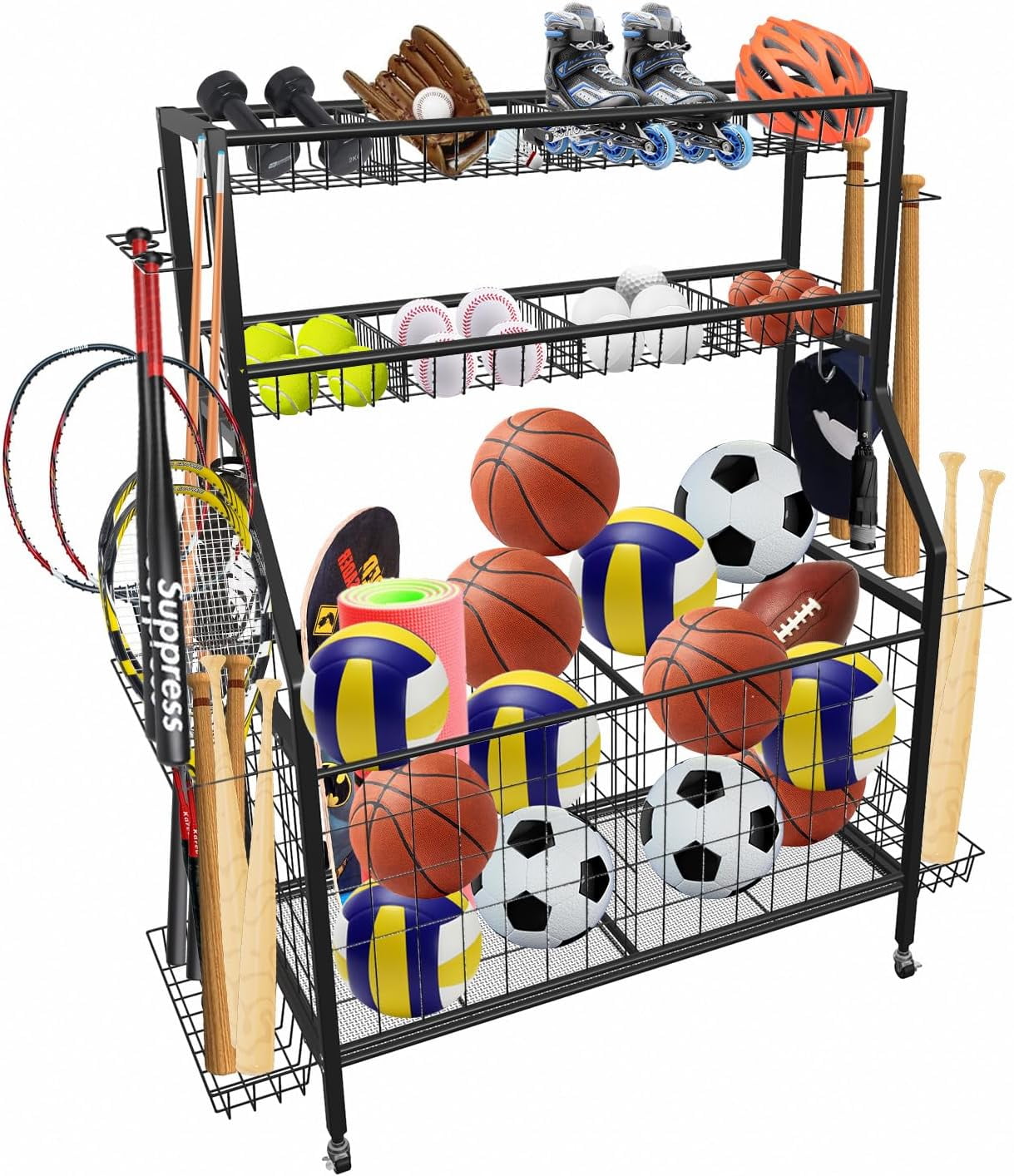 Wanan Sports Equipment Organizer, Ball Storage Rack with Baskets and