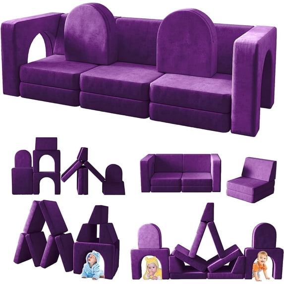 Akaber Toddler Couch, Modular Kids Sofa Foldable Loveseat with 2 Ottomans, Washable Cover, Blueberry