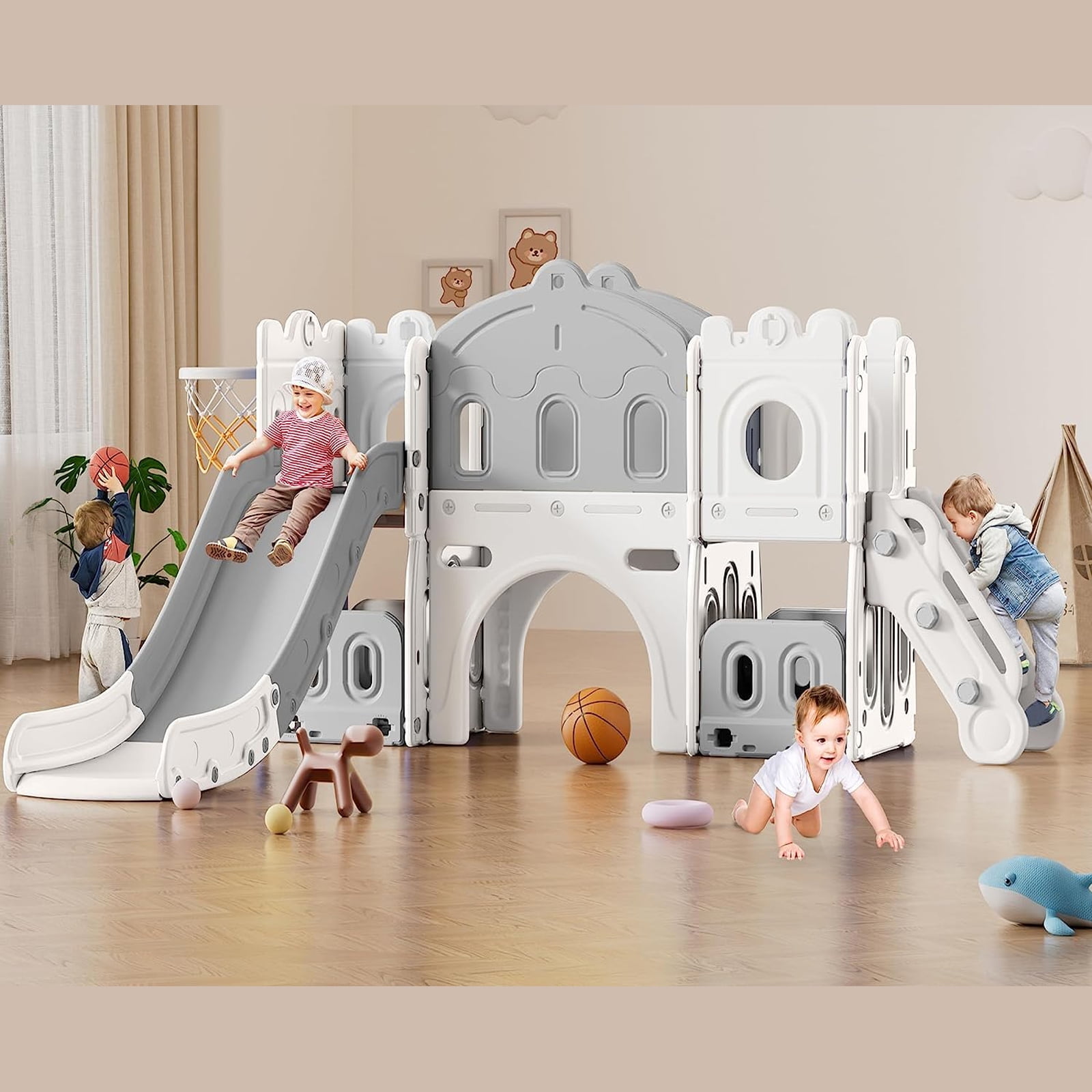 Wanan Toddler Playset, 6 in 1 Toddler Playground with Slide, Climber, Basketball Hoop, Ball