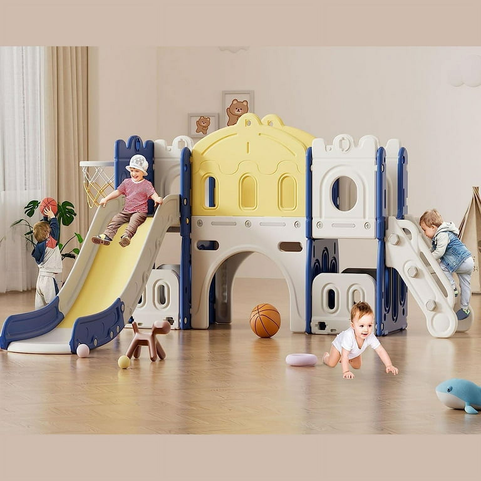 Wanan Toddler Playset, 6 in 1 Toddler Playground with Slide, Climber, Basketball Hoop, Ball