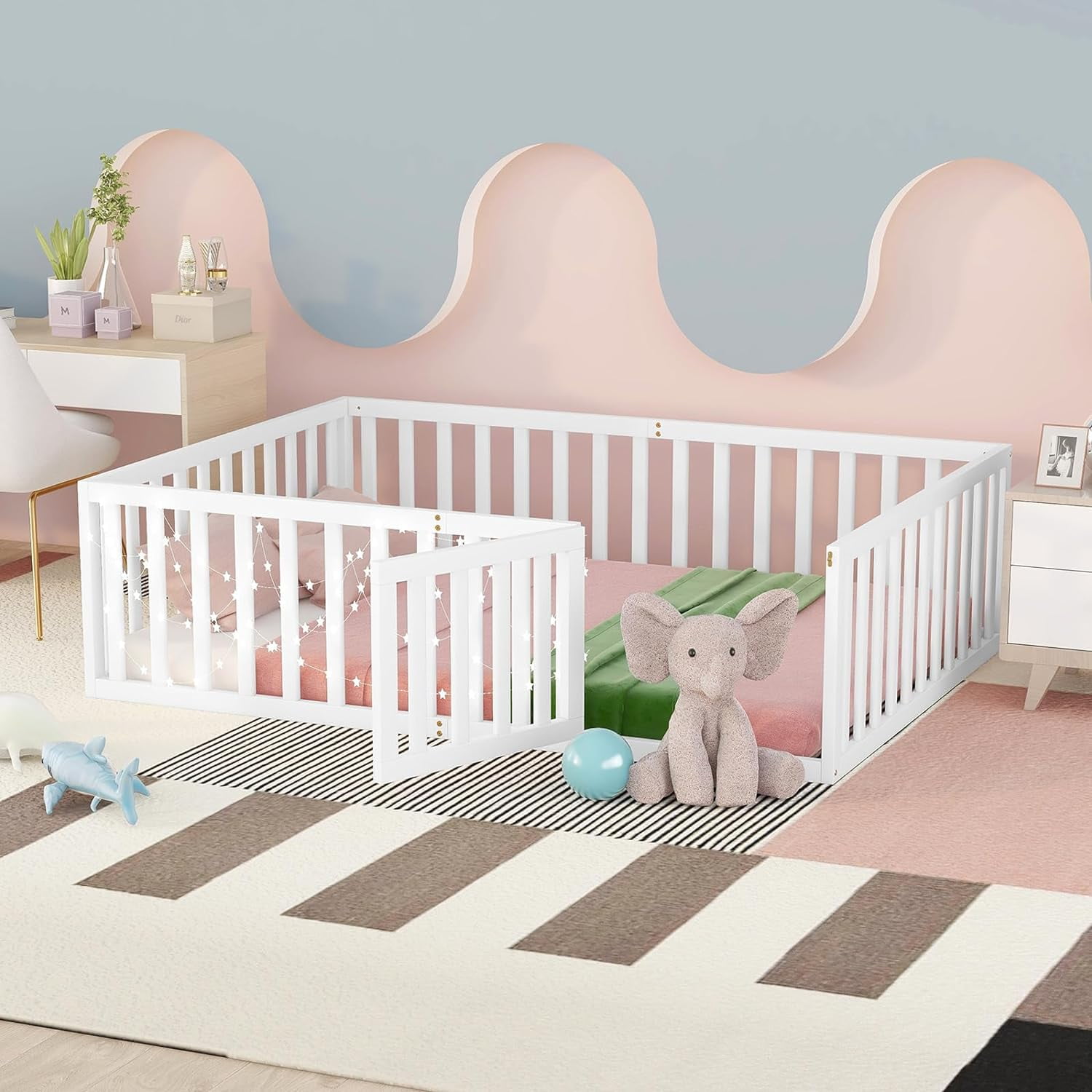 Wanan Twin Size Toddler Floor Bed, Wood Platform Bed with Safety