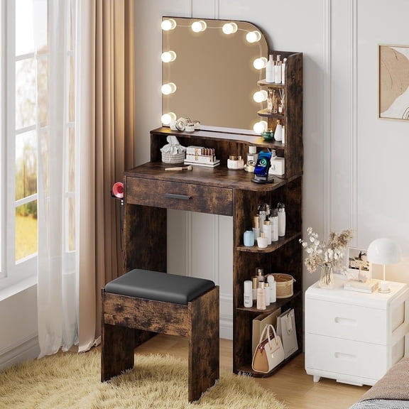 Akaber Vanity Set with Mirror and Lights, Small Makeup Vanity Desk with Stool, Charging Station, Vanity for Small Spaces