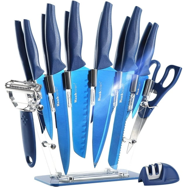 Wanbasion 16 Pieces Blue Kitchen Knife Set Dishwasher Safe