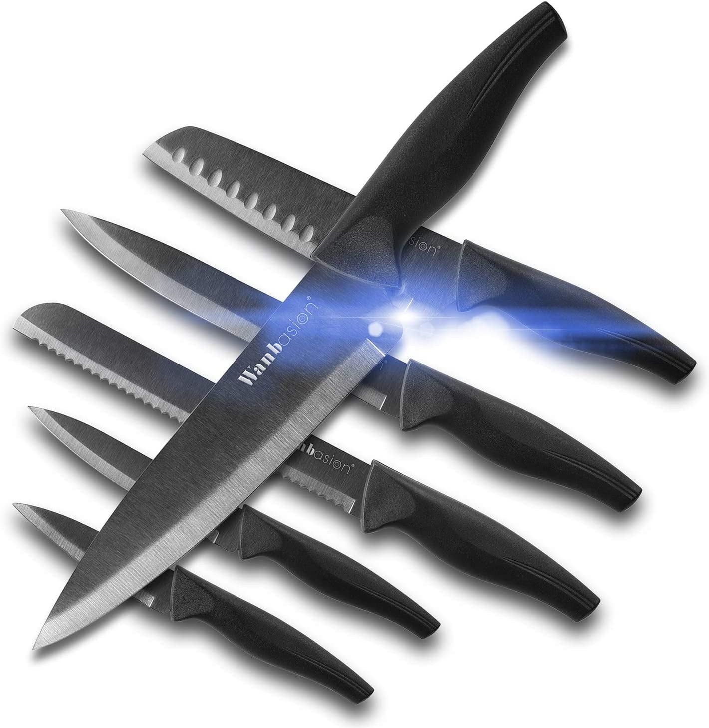 Wanbasion 6 Piece Black Knife Set with Sheath，Stainless Steel Kitchen Knife Set， Chef Knife Set