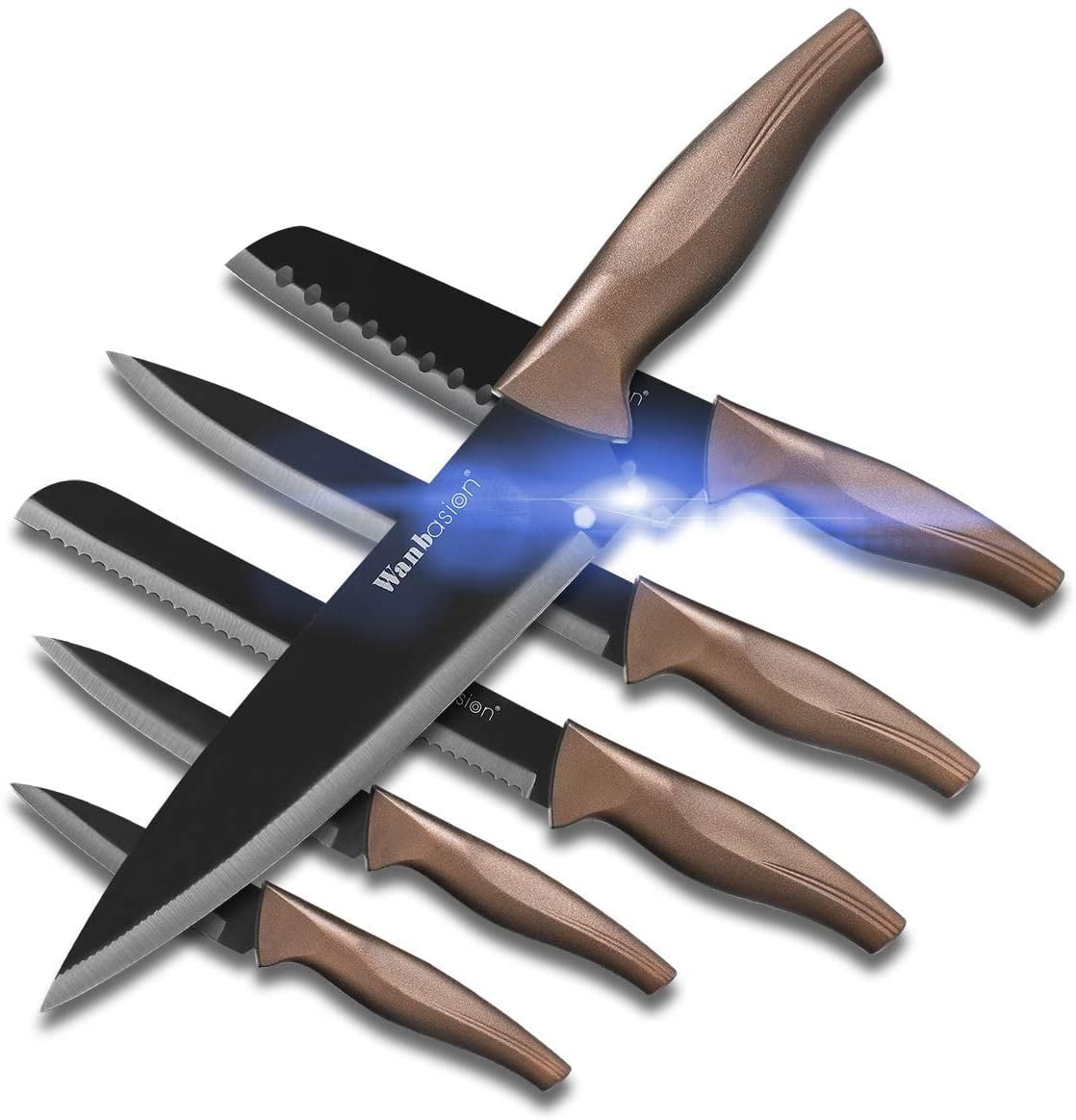 Wanbasion 6 Pieces Matte Black Titanium Plated Knife Set Stainless Steel Kitchen Knife