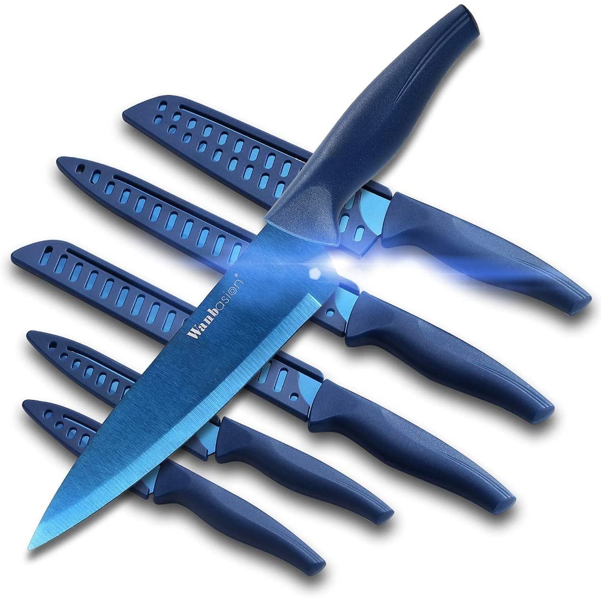 12PCS Matte Blue Titanium Stainless Steel Knife Set, Sharp Kitchen Knife Set Professional, Kitchen Knife Set Dishwasher Safe with Covers for Cooking