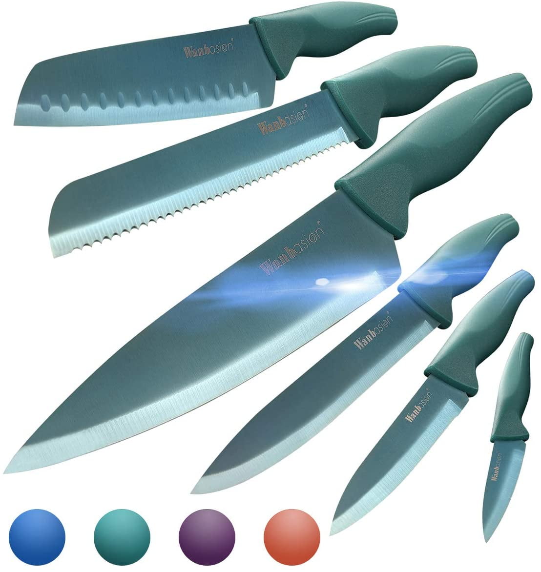 Wanbasion 6PCS Matte Green Titanium Stainless Steel Knife Set, Sharp