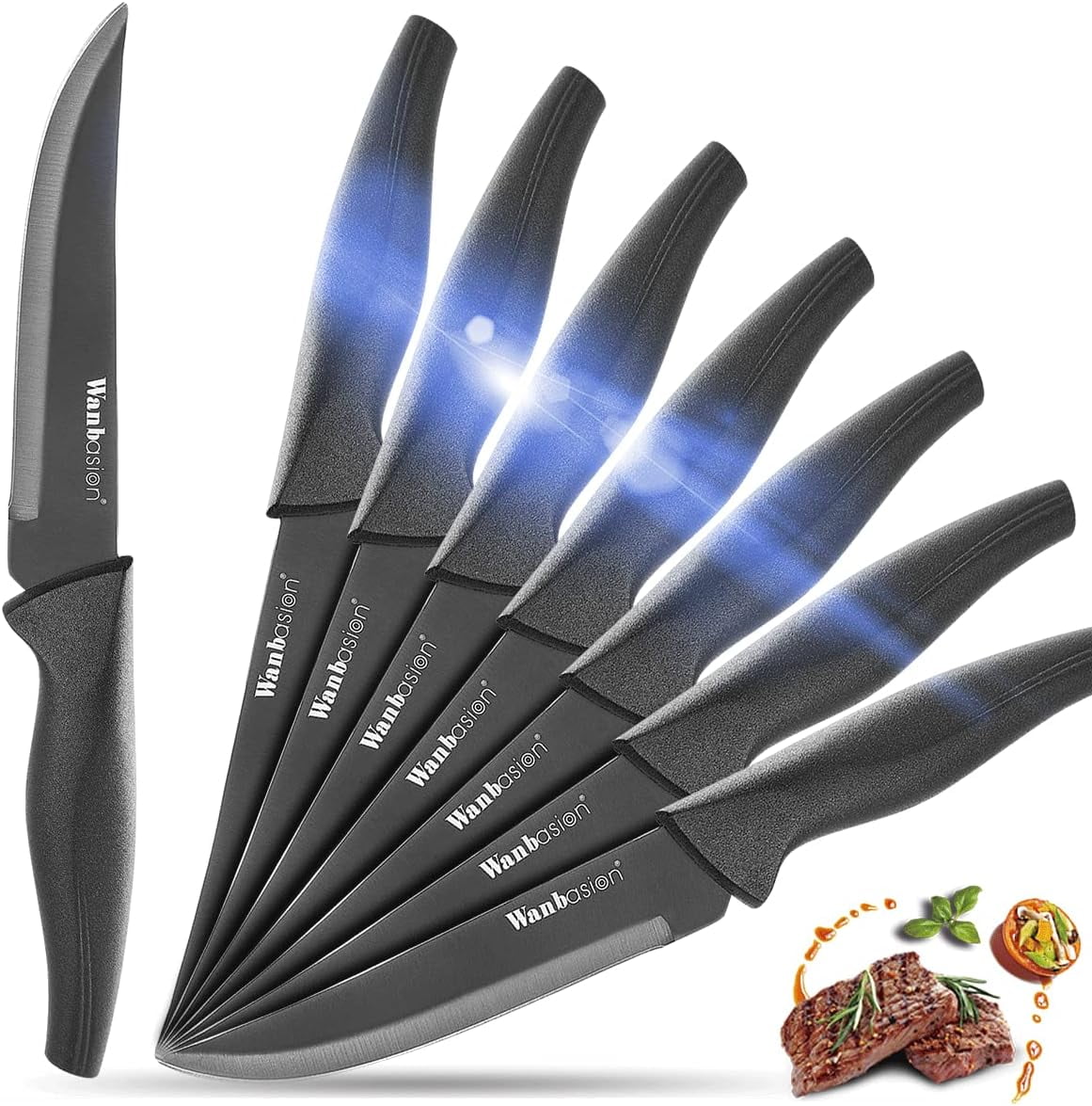 Wanbasion 8PCS Black Non Serrated Steak Knives Set, Steak Knife Set