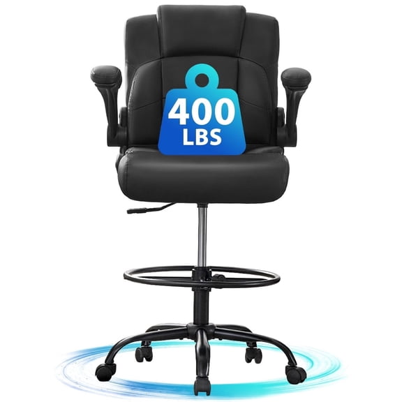 Wanbei Big & Tall Ergonomic High Back Leather Office Chair, Adjustable Height Flip-Up Armrest Executive Computer Chair for Standing & Counter Height Desk, Black