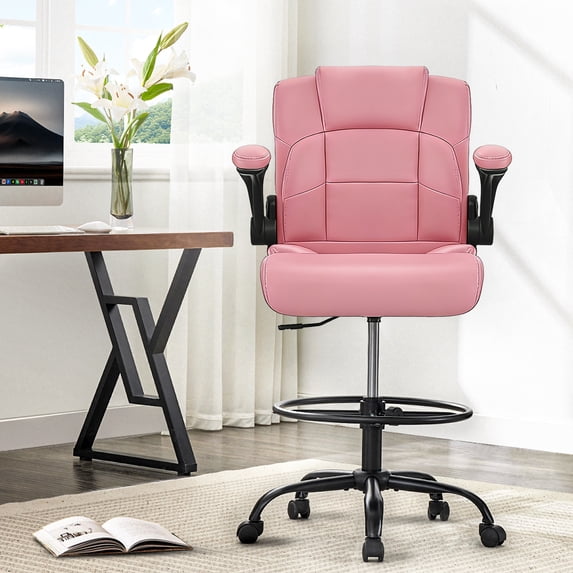 Wanbei Big & Tall Ergonomic High Back Leather Office Chair, Adjustable Height Flip-Up Armrest Executive Computer Chair for Standing & Counter Height Desk, Black
