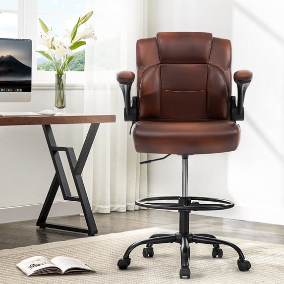 Wanbei Big & Tall Ergonomic High Back Leather Office Chair, Adjustable Height Flip-Up Armrest Executive Computer Chair for Standing & Counter Height Desk, Brown
