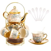 Wanchiy 20-Piece Porcelain Tea Set with Blue&Pink Floral Design – Ceramic Teapot, Cups and Saucers with Metal Holder for Adults