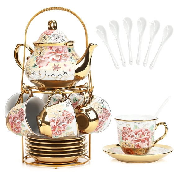 Wanchiy 20-Piece Porcelain Tea Set with Pink Floral Design Ceramic Teapot, Cups and Saucers with Metal Holder Handle for Adults