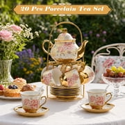 Wanchiy 20-Piece Porcelain Tea Set with Pink Floral Design   Ceramic Teapot, Cups and Saucers with Metal Holder Handle for Adults