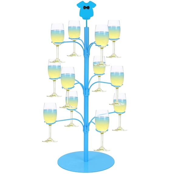 Wanchiy 3-Tier Blue Metal Wine Glass Tree Stand with Bow Accent, Holds 12 Glasses for Home Bar Drinks Display Use