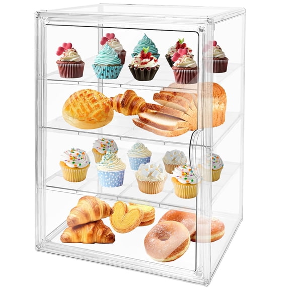 Wanchiy 4-Tier Adjustable Pastry Display Case Clear Bread Box with Magnetic Door for Countertop Storage
