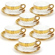 Wanchiy 6 Pack 3.2oz/100ml Espresso Cups with Saucers   White Porcelain, Gold Rim, Ribbed Design, Dishwasher Safe