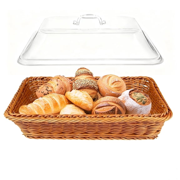 Wanchiy Imitation Rattan Bread Basket 13.8"x9.8" with Acrylic Lid for Kitchen Dining Table Use,Tabletop Serving Basket,Brown
