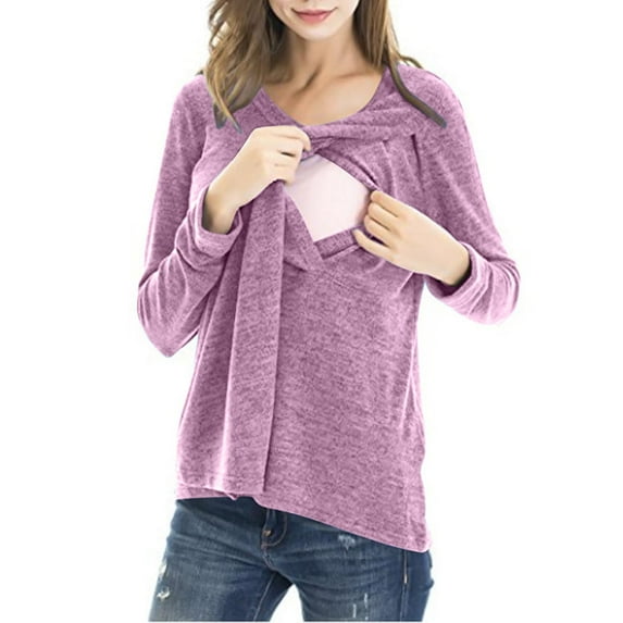 Wancir 2025 Women's Maternity Nursing Tops Long Sleeve Breastfeeding Shirts Cotton Double Layer Pregnancy Tee Shirt