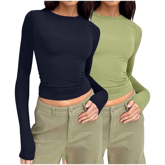 Wancir 2PC Crew Neck Long Sleeve T Shirts for Women Fitted Shirts Tight Neck T Shirts Basic Tee Tops
