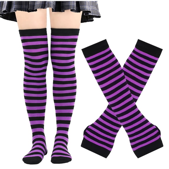 Wancir 2PC-Set Womens Striped Knee High Socks Long Knitted Arm Warmers Fingerless Gloves for Halloween Costume