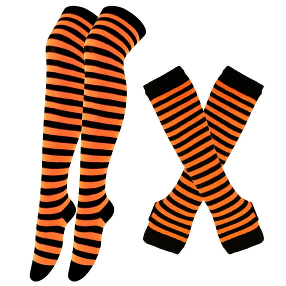 Wancir 2PC-Set Womens Striped Knee High Socks Long Knitted Arm Warmers Fingerless Gloves for Halloween Costume