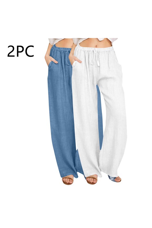 Wancir 2PC Women's Cotton Linen Pants,Summer Wide Leg Casual Loose Drawstring High Waist Palazzo Pants with Pockets