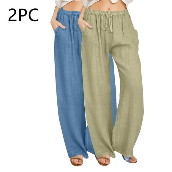 Wancir 2PC Women's Cotton Linen Pants,Summer Wide Leg Casual Loose Drawstring High Waist Palazzo Pants with Pockets