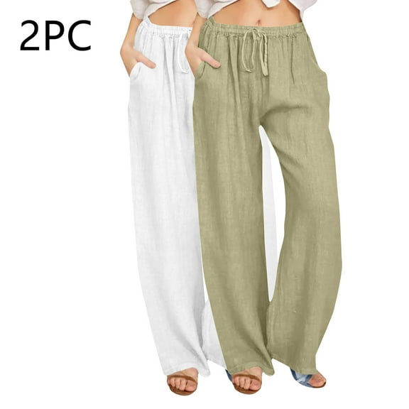 Wancir 2PC Women's Cotton Linen Pants,Summer Wide Leg Casual Loose Drawstring High Waist Palazzo Pants with Pockets