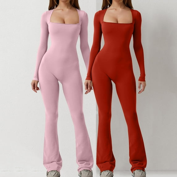 Wancir 2PC Women's Fall Long Sleeve Square Neck High Stretchy Fitted Going Out One Piece Jumpsuit