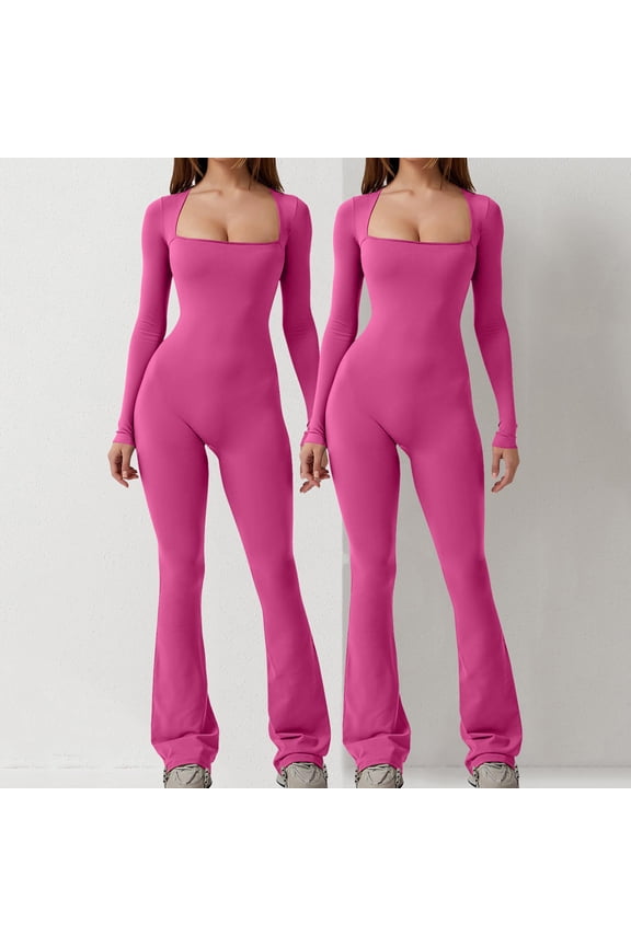 Wancir 2PC Women's Fall Long Sleeve Square Neck High Stretchy Fitted Going Out One Piece Jumpsuit