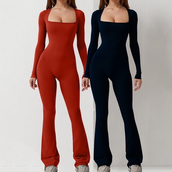 Wancir 2PC Women's Fall Long Sleeve Square Neck High Stretchy Fitted Going Out One Piece Jumpsuit