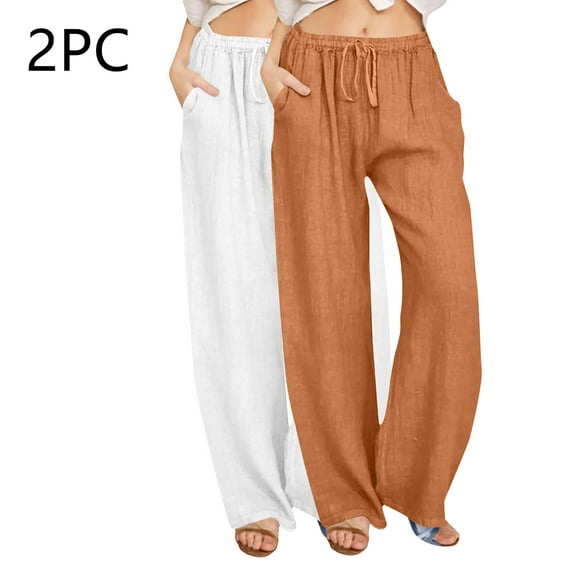 Wancir 2PC Women's Summer Drawstring Waist Wide Leg Loose Cotton Linen Palazzo Pants