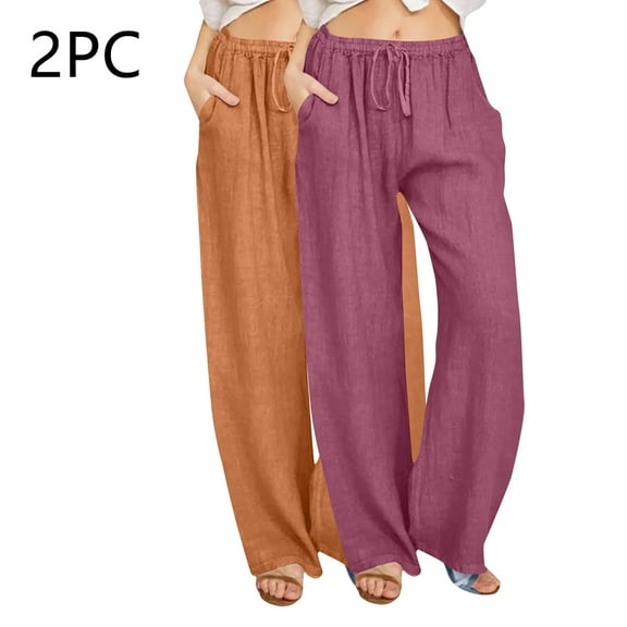 Wancir 2PC Women's Summer Drawstring Waist Wide Leg Loose Cotton Linen Palazzo Pants