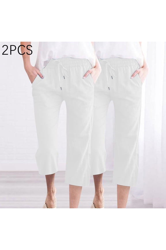 Wancir 2PC Women's Wide Leg Cotton Linen Pants High Waist Adjustable Tie Knot Lounge Trousers
