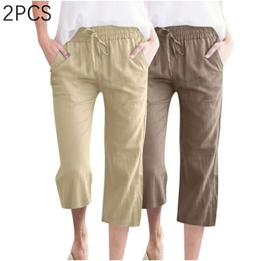 Wancir 2PC Womens Linen Pants Wide Leg High Waisted Drawstring Casual Loose Pants with Pockets