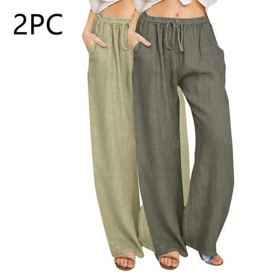 Wancir 2PC Womens Linen Wide Leg Pants Casual Loose Drawstring Low Waist Beach Palazzo Harem Pants with Pockets