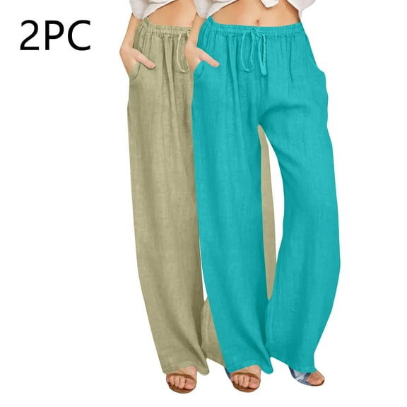 Wancir 2PC Womens Linen Wide Leg Pants Casual Loose Drawstring Low Waist Beach Palazzo Harem Pants with Pockets